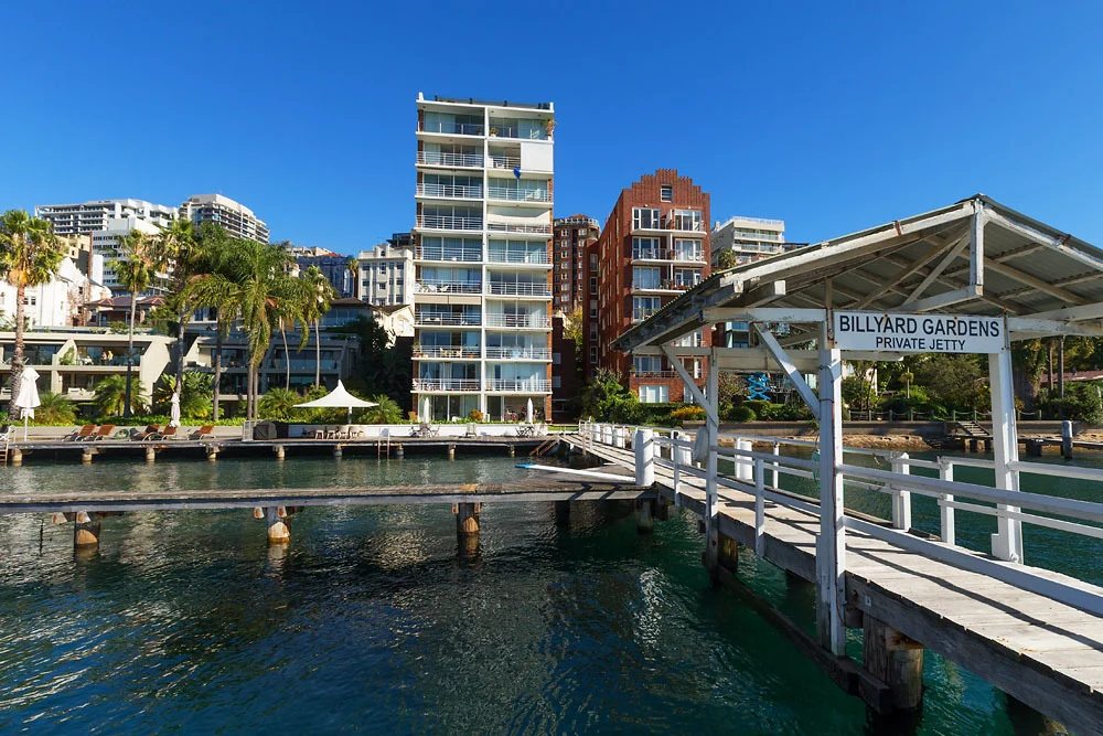 Billyard Gardens building seen from the private jetty on the harbour